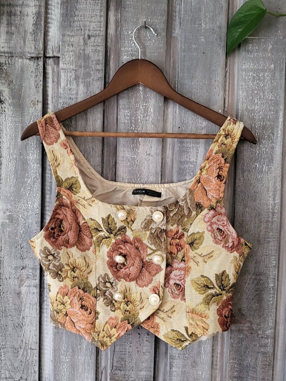 Floral Tapestry Corset Crop Vest Pearl Button Cottagecore